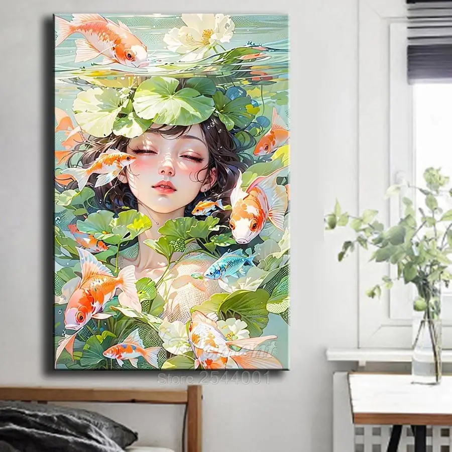 Ever Moment Asian Mermaid Diamond Painting Girl and Fish in Lotus Korean Japanese Style Diamond Dot Kit Art Picture ASF2903 - Image 2