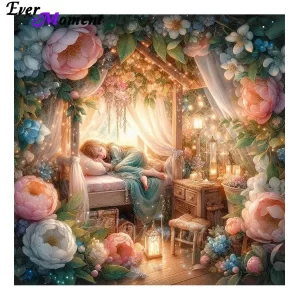 Sleeping Girl in Bedroom with Beautiful Flowers DIY Landscape Full Round Square Diamond Painting Modern Cross Stitch Kit ASF3017