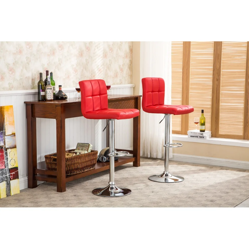 Swivel Faux Leather Adjustable Hydraulic Bar Stool, Set of 2, Red - Image 2