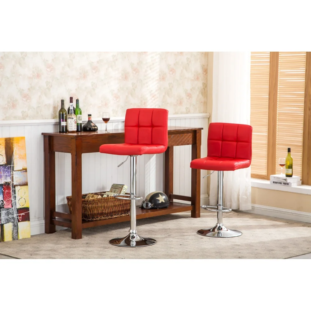Swivel Faux Leather Adjustable Hydraulic Bar Stool, Set of 2, Red