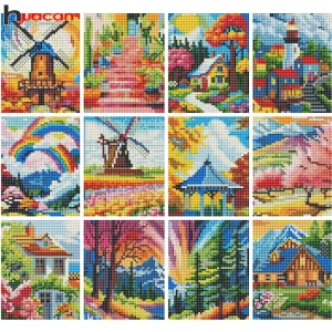Huacan 12pc New Arrivals Mini Diamond Painting Landscape Windmill Mosaic Cartoon House Handmade Hobby Art Wall Decor