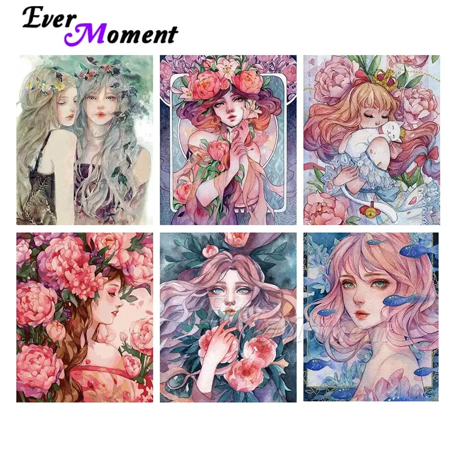 Ever Moment Diamond Painting Girl Flower Full Square Drill Diamond Embroidery Art Handmade Home Living Roome Decoraction ASF2108
