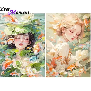 Ever Moment Asian Mermaid Diamond Painting Girl and Fish in Lotus Korean Japanese Style Diamond Dot Kit Art Picture ASF2903
