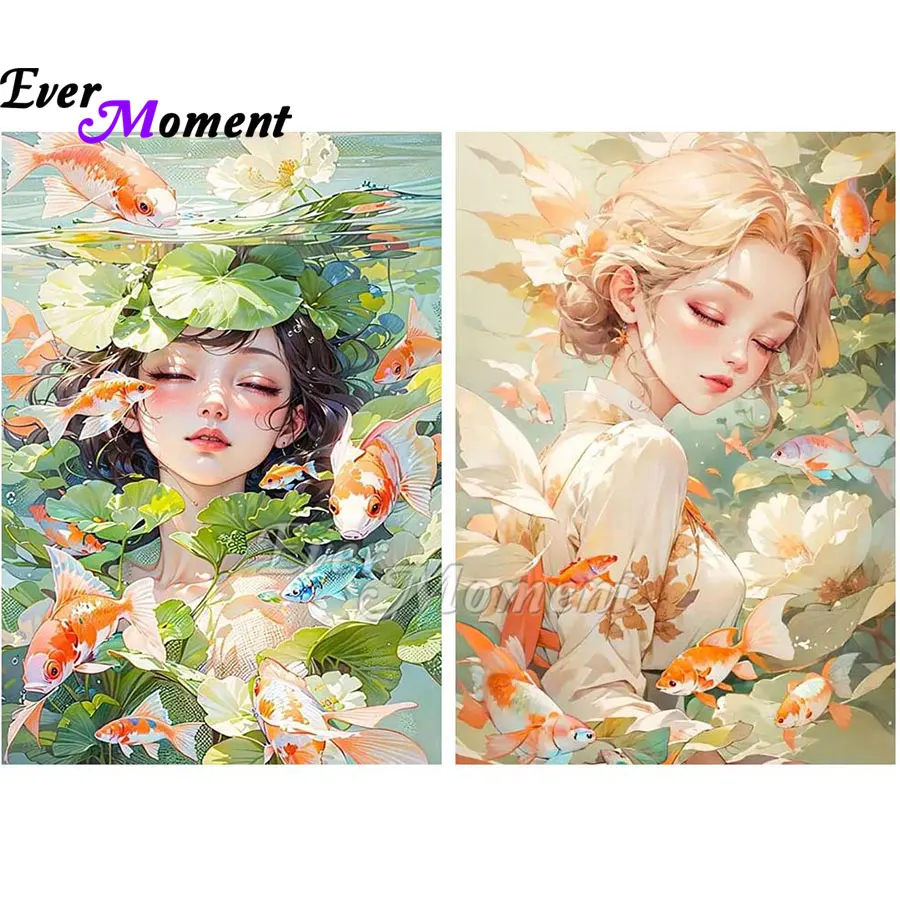 Ever Moment Asian Mermaid Diamond Painting Girl and Fish in Lotus Korean Japanese Style Diamond Dot Kit Art Picture ASF2903