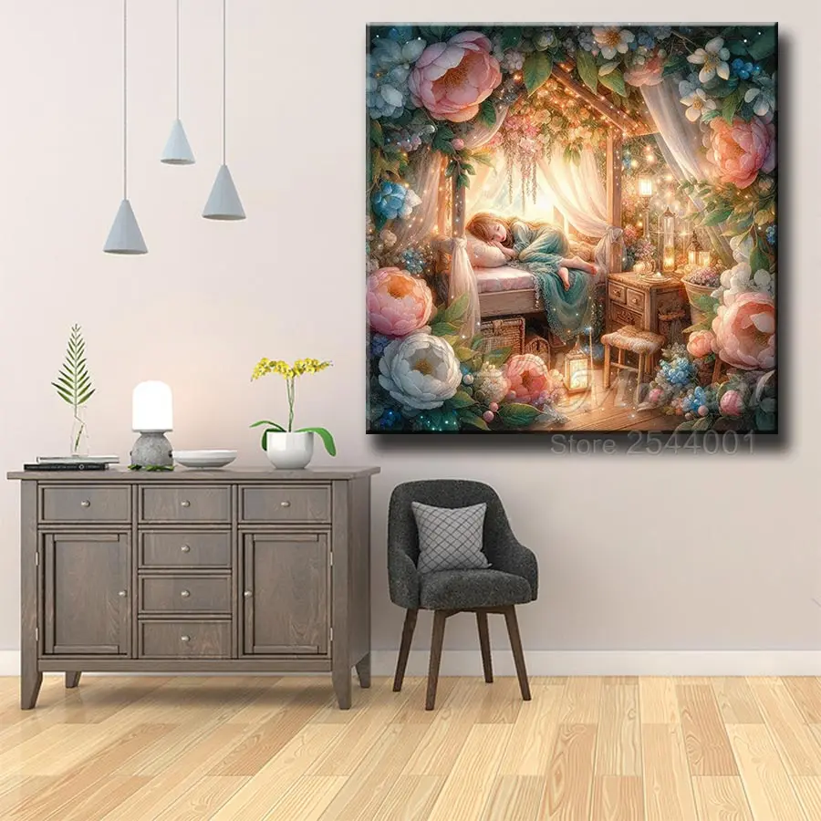 Sleeping Girl in Bedroom with Beautiful Flowers DIY Landscape Full Round Square Diamond Painting Modern Cross Stitch Kit ASF3017 - Image 2