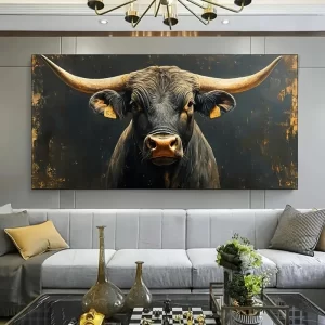 1 piece thick wood frame canvas art, modern big Horn Black Bull canvas painting art, modern interior decoration