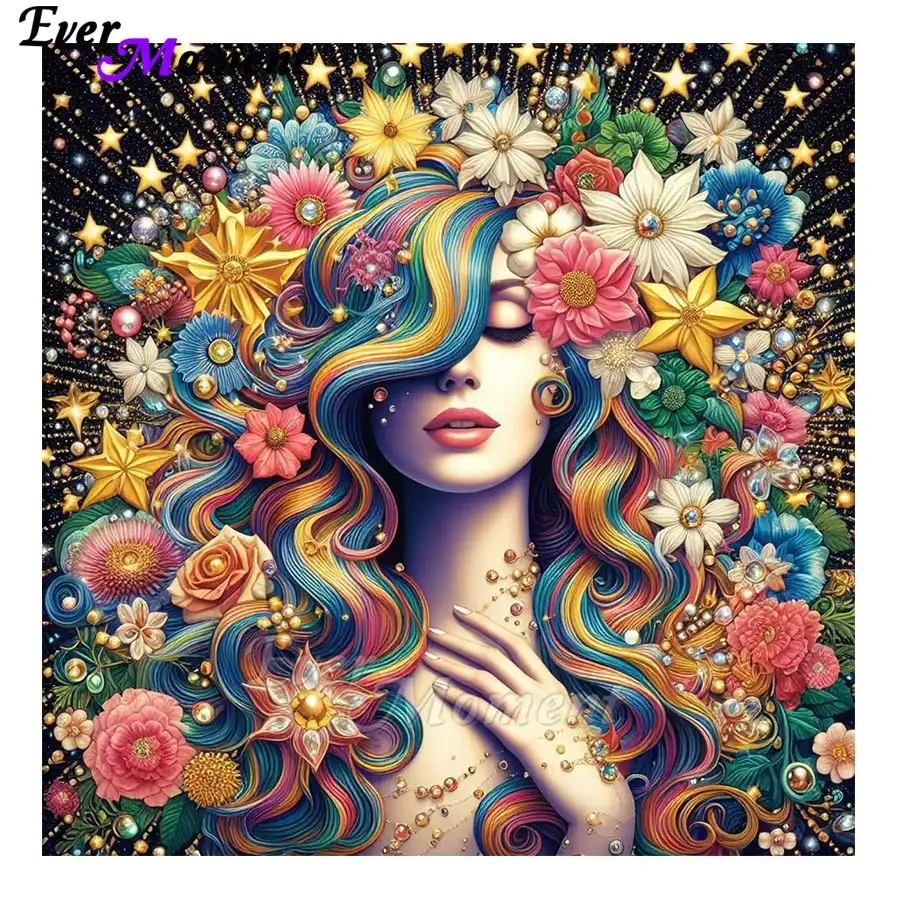 Ever Moment Rainbow Long-haired Woman Stars Diamond Painting AB Crystal Fairy Dust Diamond Art Home Decor ASF3025
